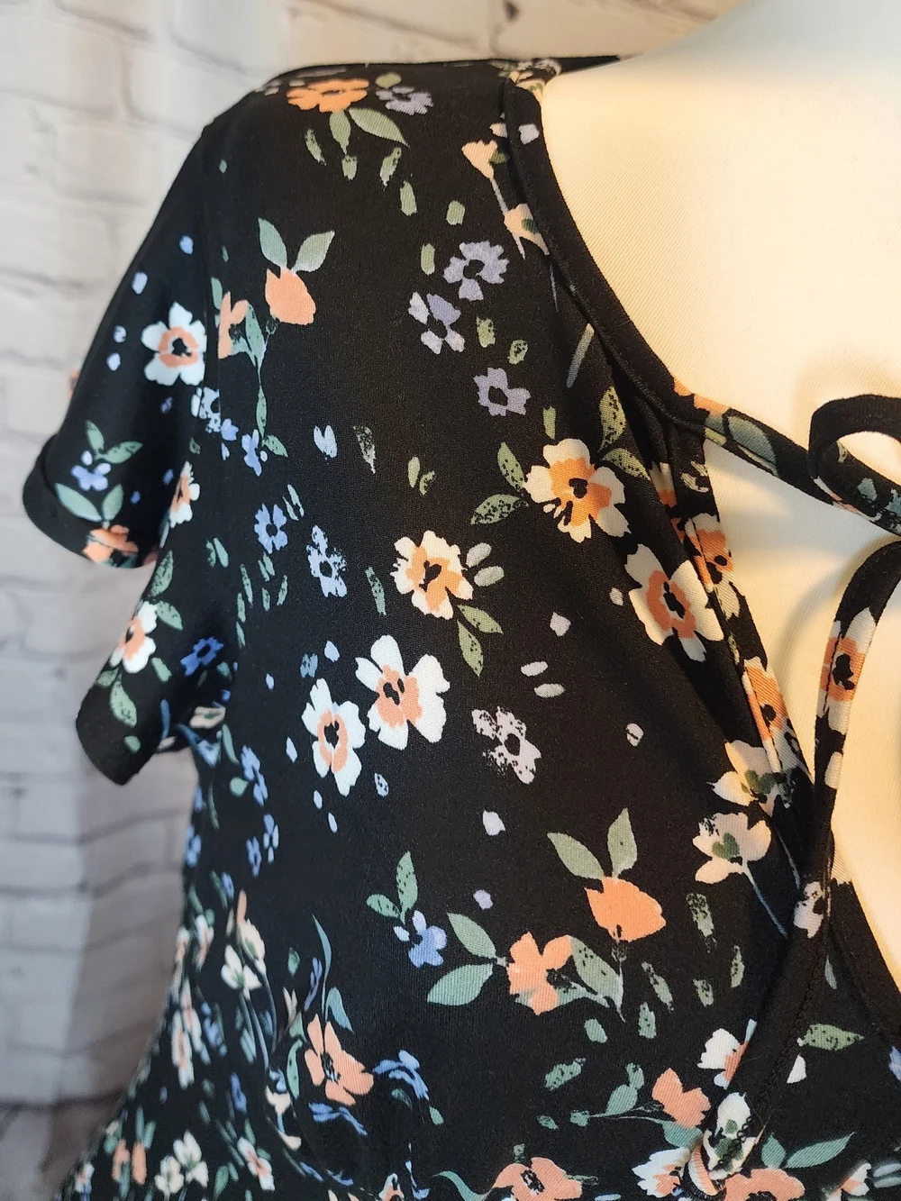 Black Floral Tie-Neck Midi Dress with Peach & Blue Blooms - Picture 5 of 5